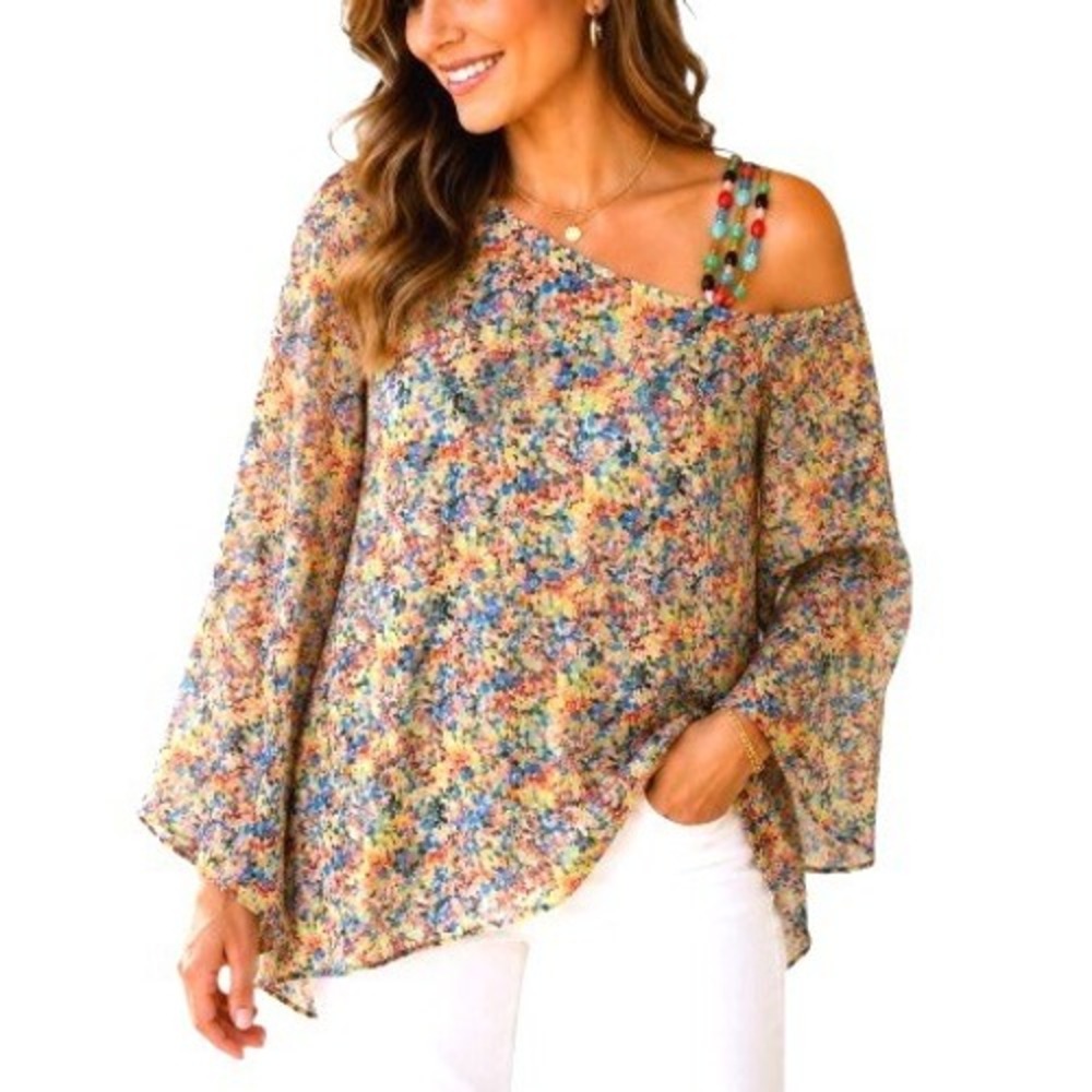 Catherine Malandrino Silk One Shoulder Beaded Strap Boho Blouse Multicolor S